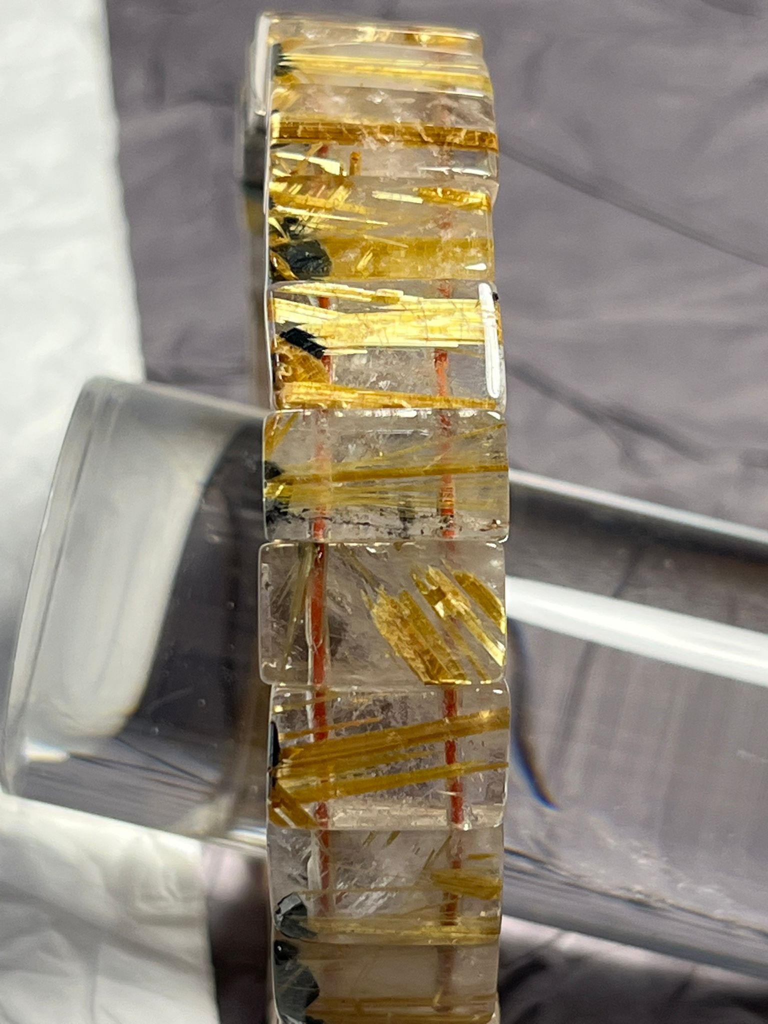 Bracelet Manchette en Titanium (Cristal de Roche, Rutiles Dorés & Hématite)