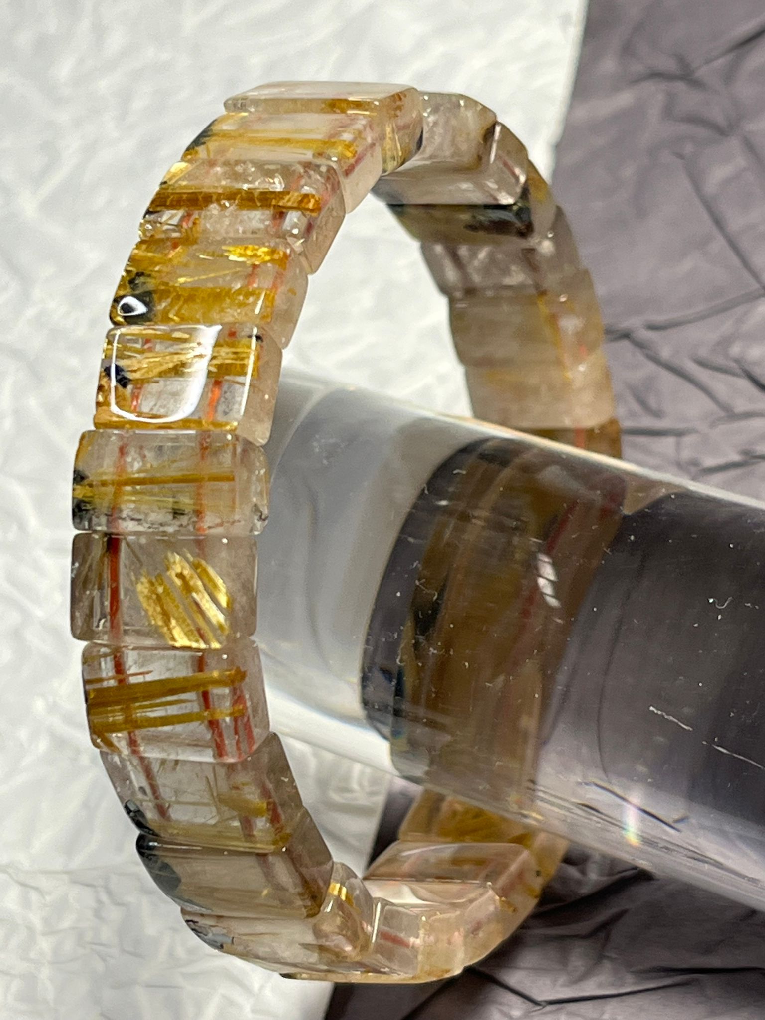 Bracelet Manchette en Titanium (Cristal de Roche, Rutiles Dorés & Hématite)