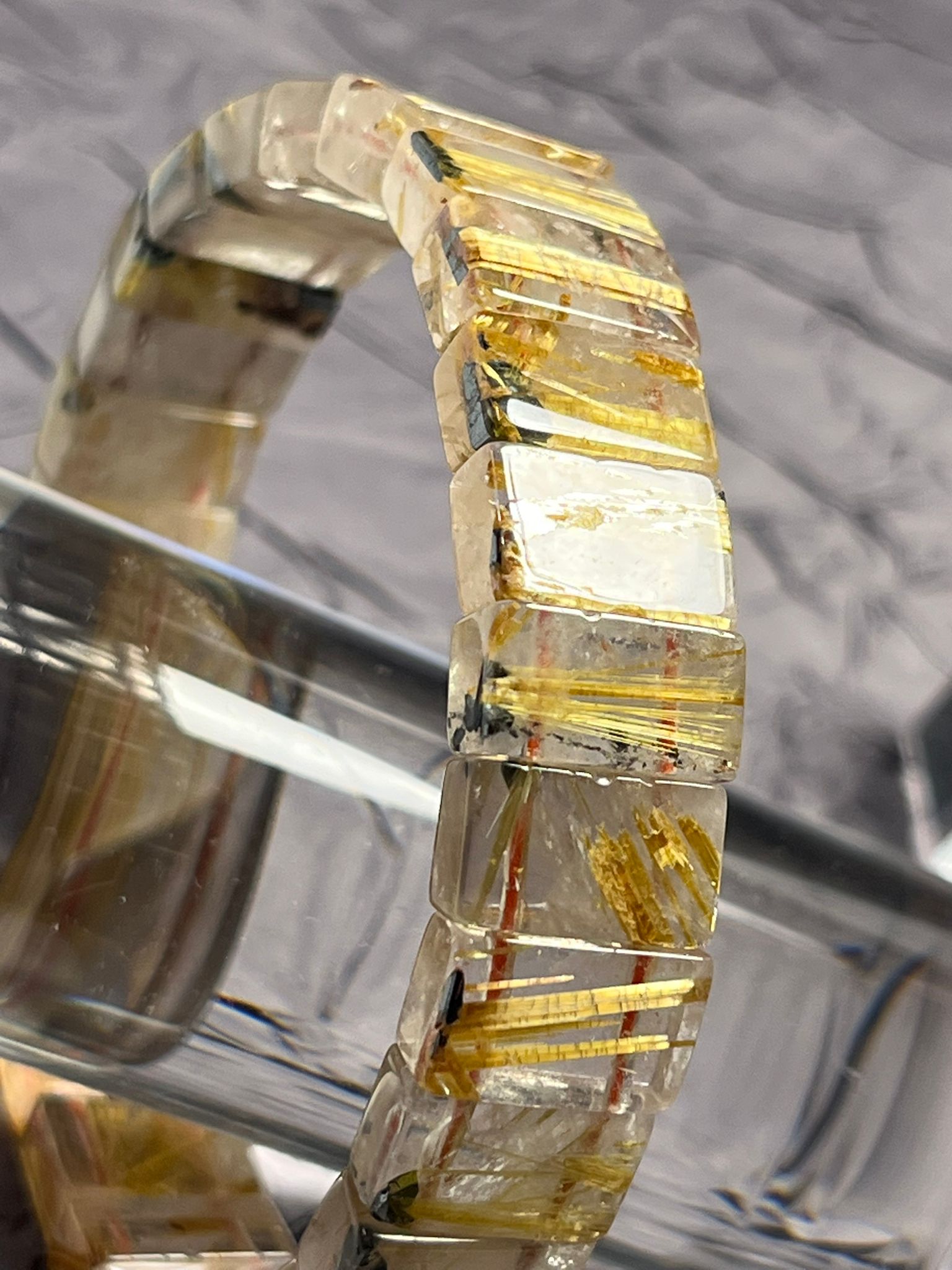 Bracelet Manchette en Titanium (Cristal de Roche, Rutiles Dorés & Hématite)